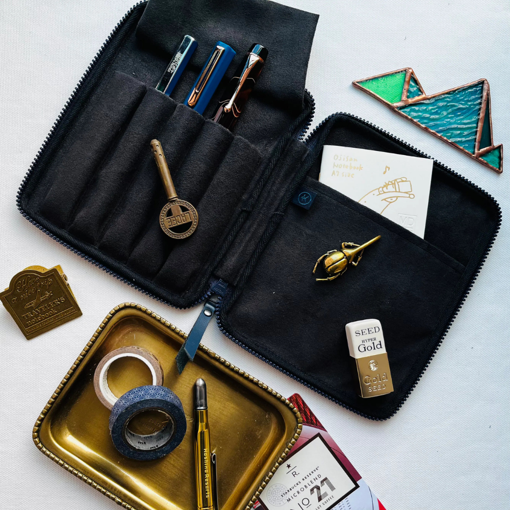 Kyoku haku Chrome Leather Zippered Pen Case für 5 Schreibgeräte