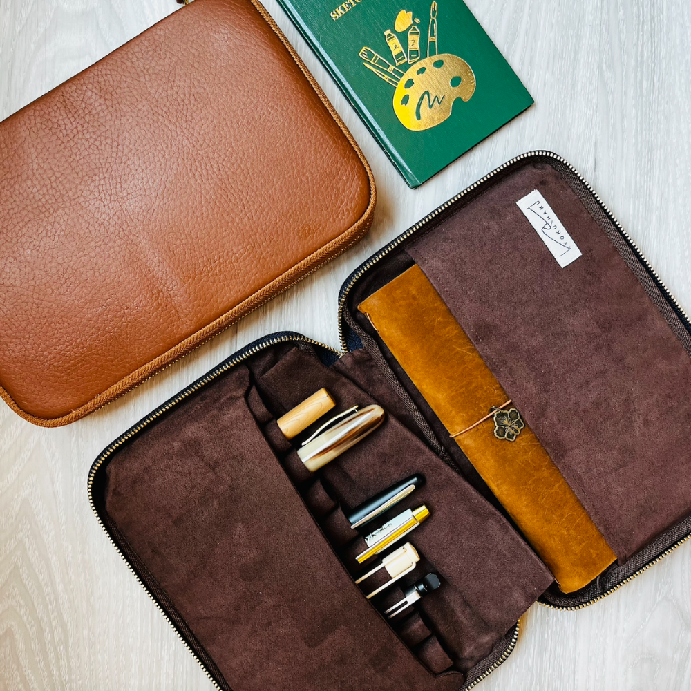 Kyoku haku Leather brown Zippered Pen Case für 10 Schreibgeräte