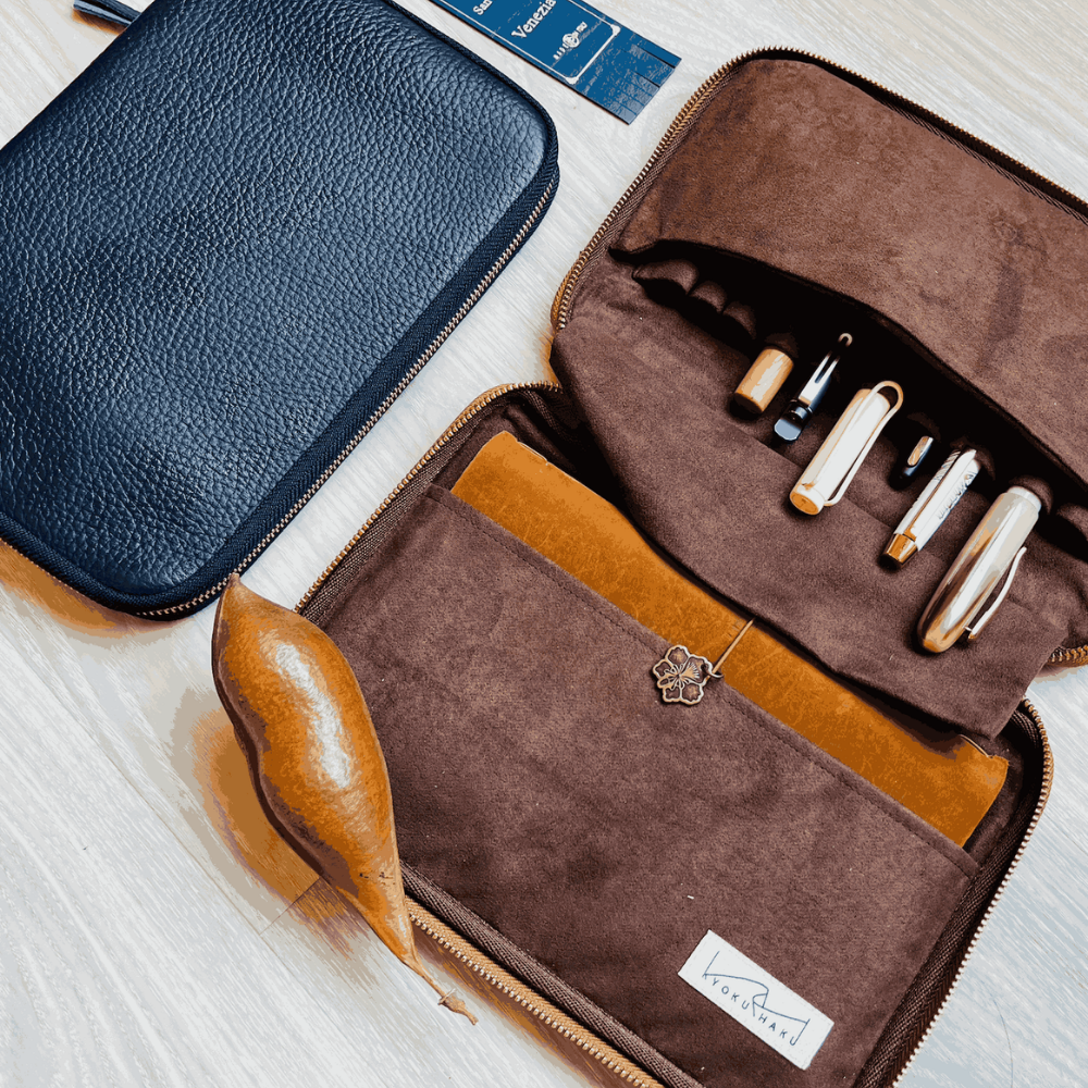 Kyoku haku Leather blue Zippered Pen Case für 10 Schreibgeräte