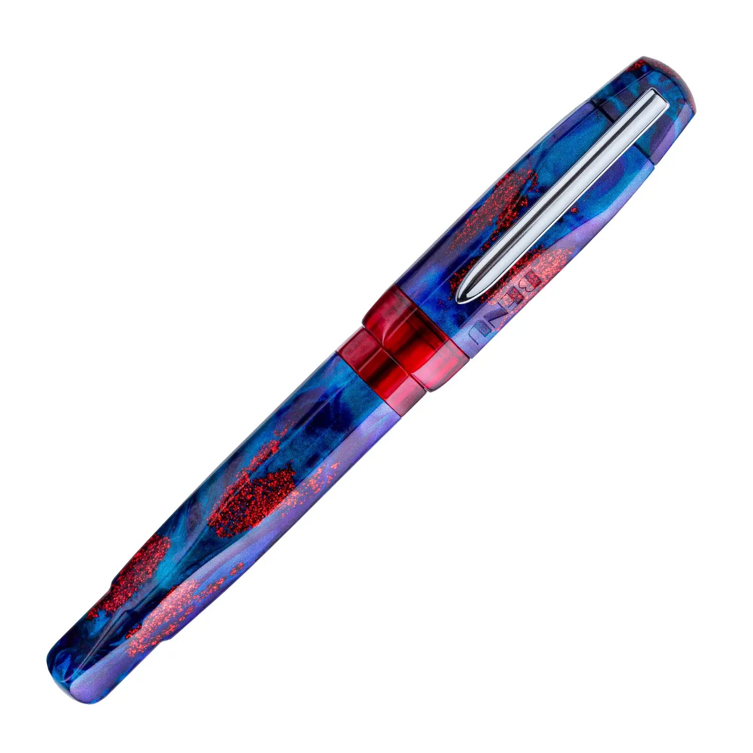Benu AstroGem Apollo Füllfederhalter aus blau-lila Resin mit roten Glitzerpartikeln und Edelstahlclip