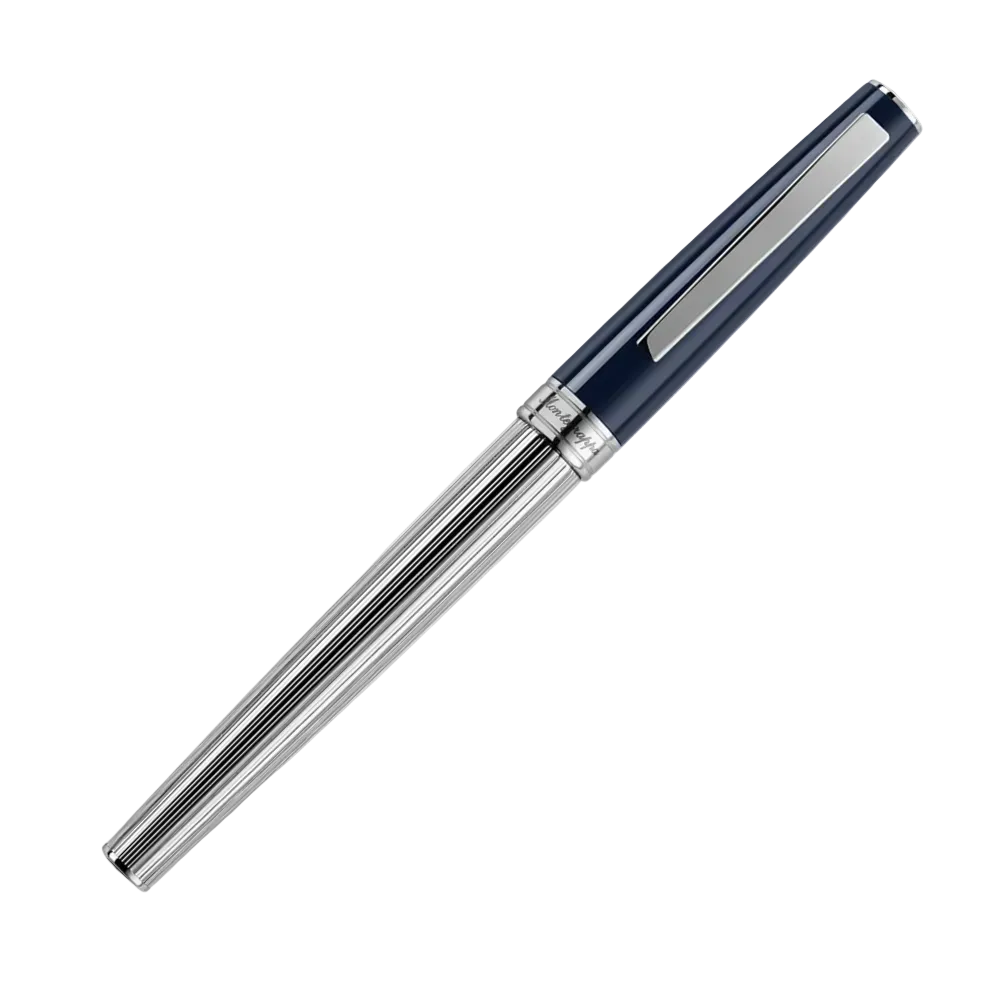 Close-up of the Armonia Duetto Fountain Pen, showcasing the nib and dark blue barrel.