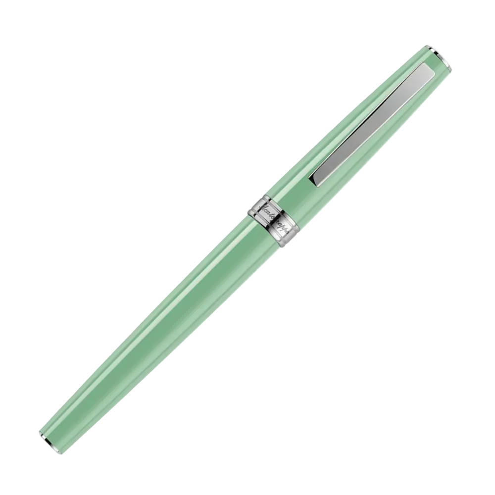 Close-up of the Armonia Fountain Pen showcasing the nib and soft mint green barrel.