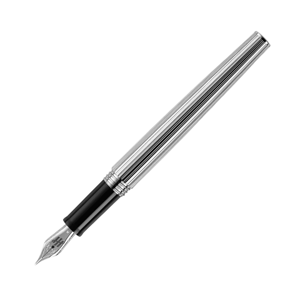 Close-up of the Armonia Fountain Pen, highlighting the nib and steel barrel.