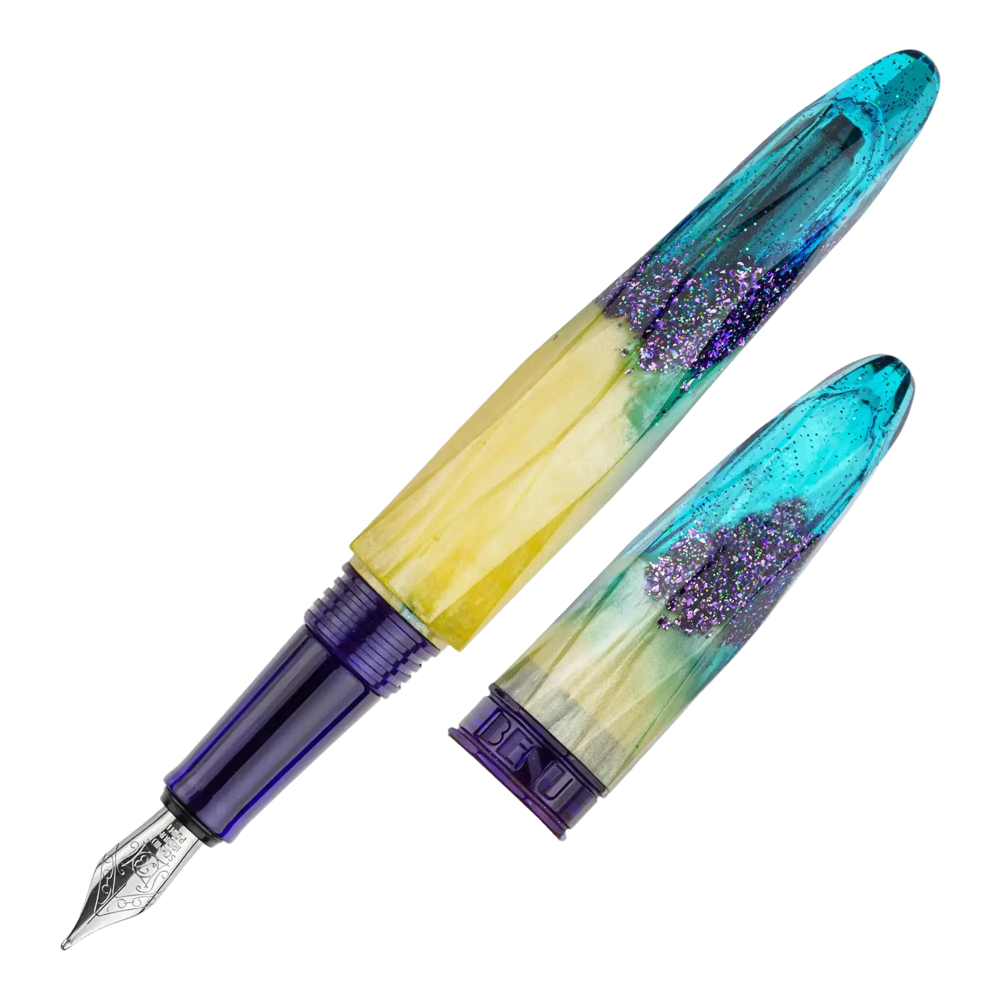 Benu Briolette Tropicana Füllfederhalter aus tropengrünem und gelbem Resin mit türkisen Glitzerakzenten auf facettierter Oberfläche