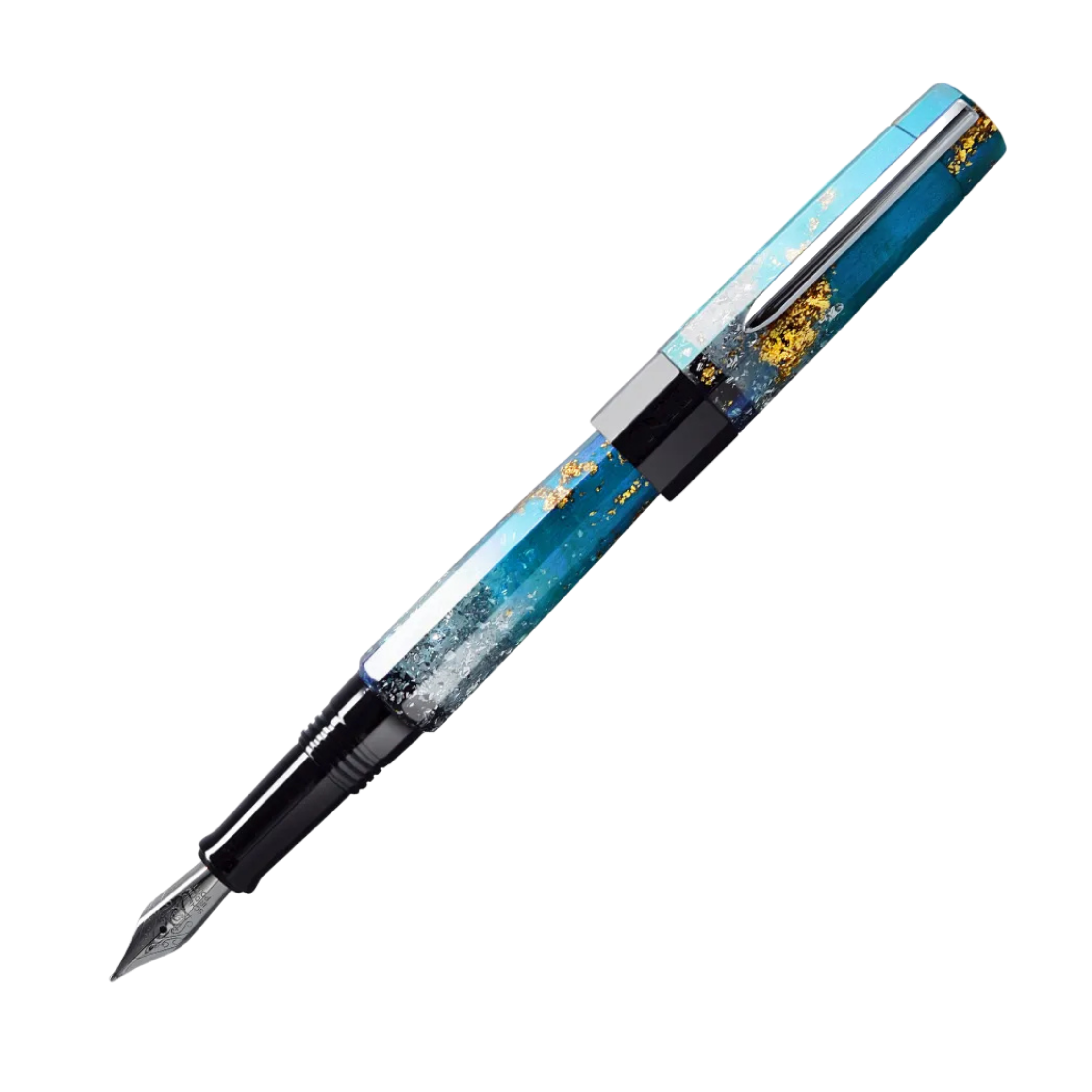 Benu Euphoria Bora Bora Füllfederhalter aus türkisem und sandweißem Resin mit tropischen Farbakzenten und Edelstahlclip