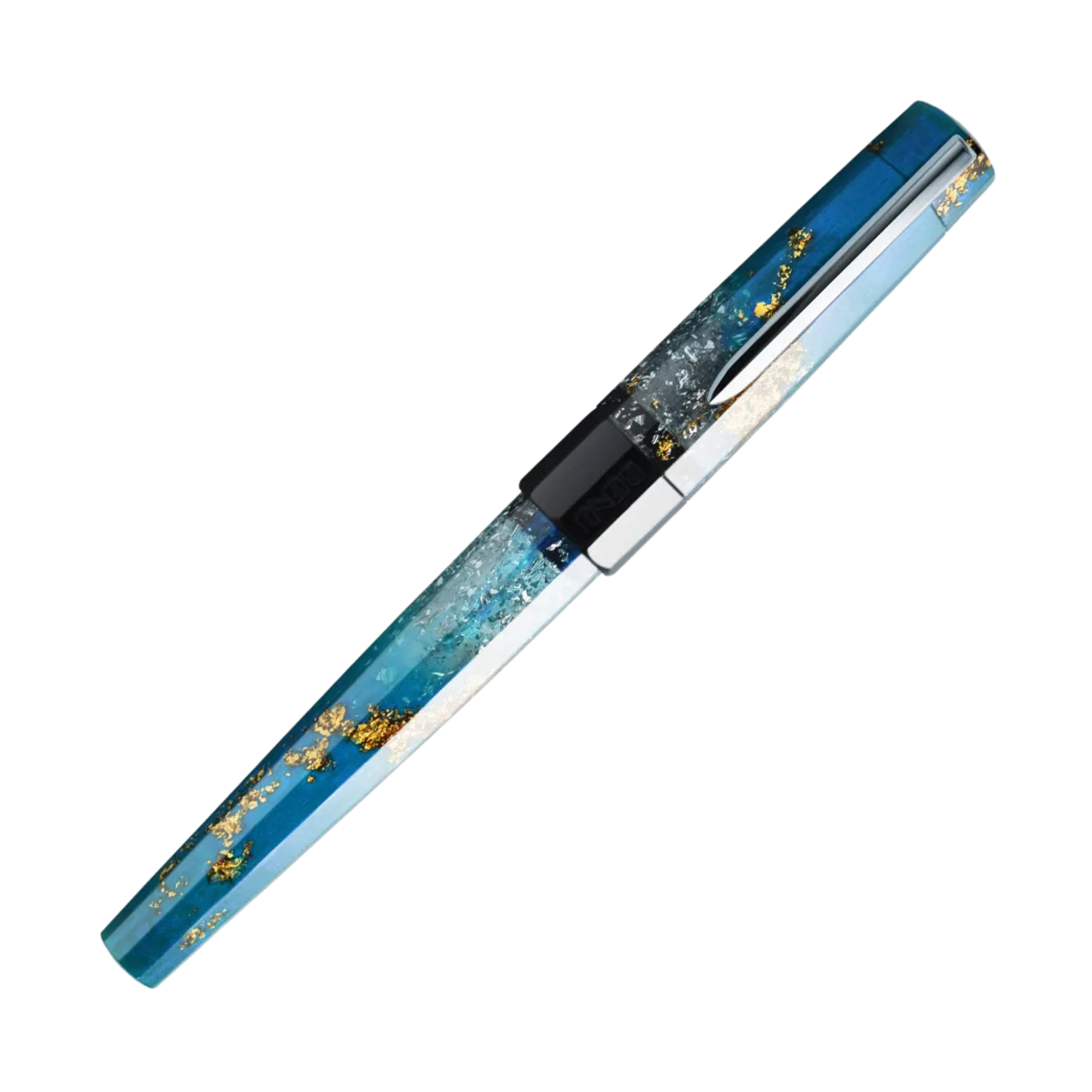 Benu Euphoria Bora Bora Füllfederhalter aus türkisem und sandweißem Resin mit tropischen Farbakzenten und Edelstahlclip