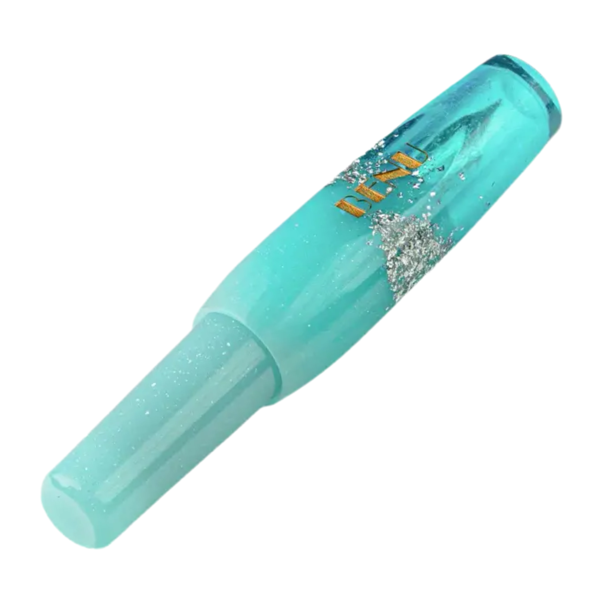 Benu Pixie Enchanted Pastels Füllfederhalter aus cremefarbenem, bubblegumrosa und aquablauem Pastellresin mit Bronze, Gold und Silberglitter im kompakten Miniaturformat