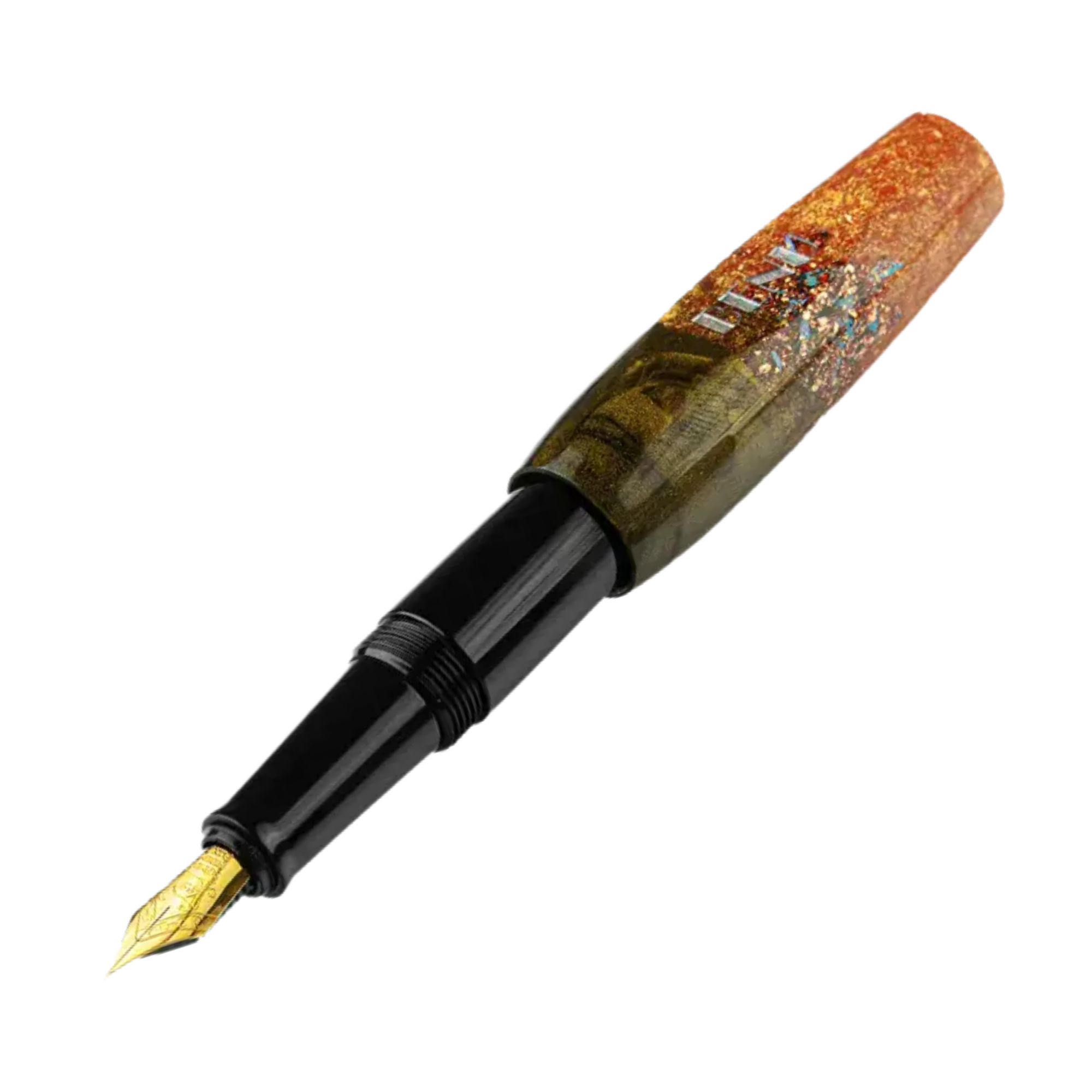 Benu Pixie Metallic Dust Füllfederhalter aus rauchschwarzem und bronzefarbenem Resin mit Gold, Kupfer und Silber Metallicglanz im kompakten Miniaturformat