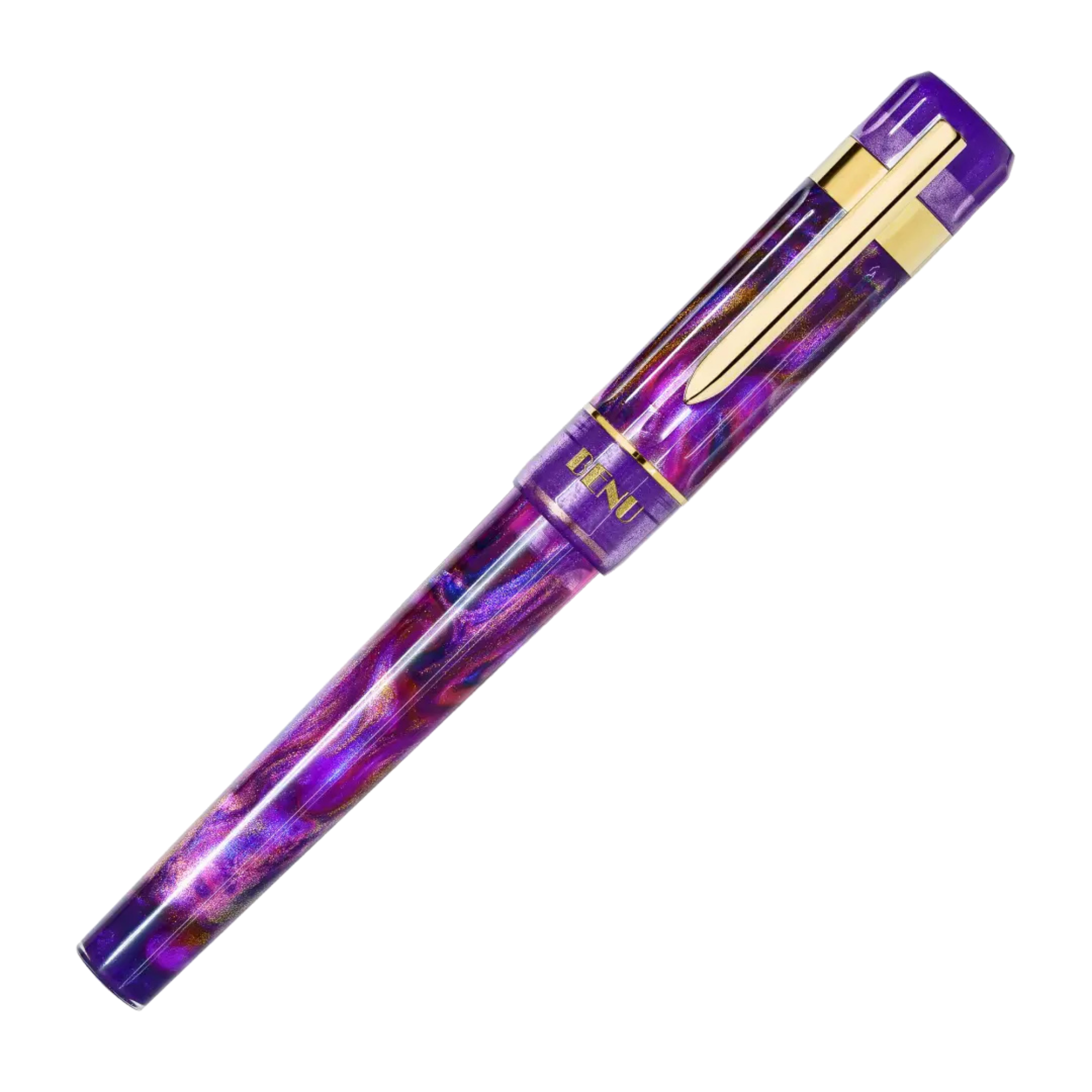 Benu Tribute Matisse Füllfederhalter aus prismatischem violettem Resin mit Fuchsia und Rosakzenten inspiriert von Henri Matisses kühner Farbpalette und vergoldetem Clip