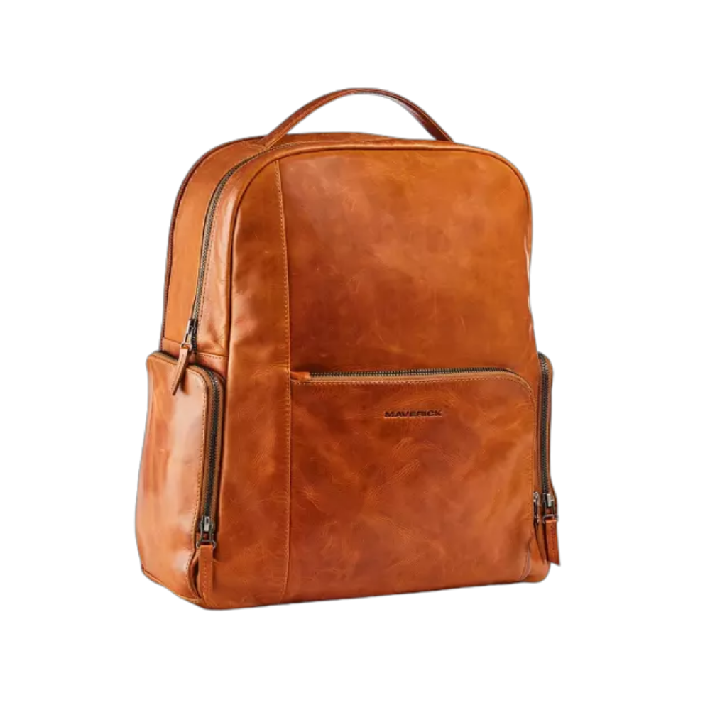 Maverick New Men Leather Backpack in cognac with front pocket and shoulder straps.