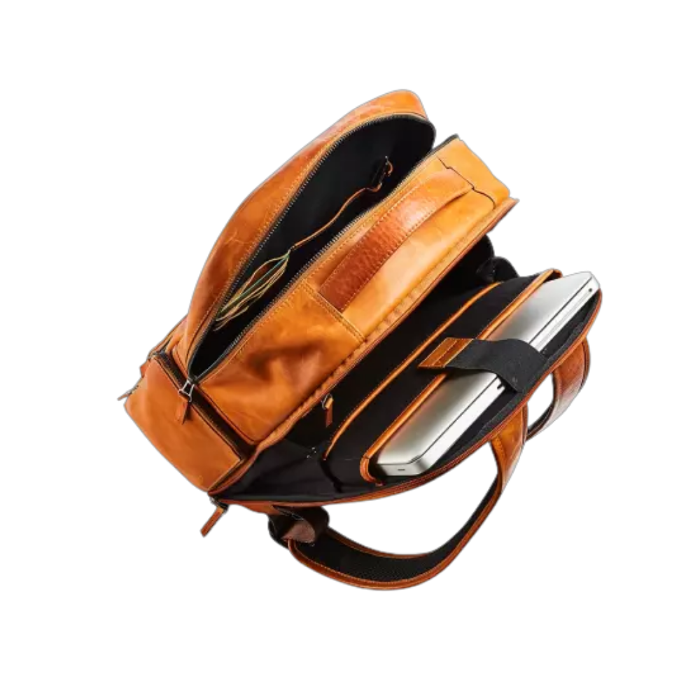 Side view of Maverick New Men Leather Backpack with padded shoulder straps.