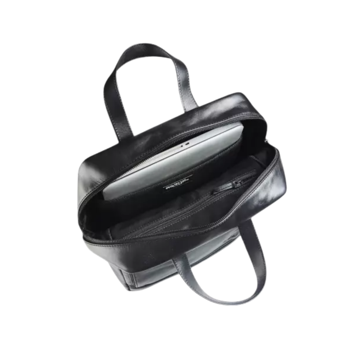 Innenansicht des Maverick Leder Rucksacks mit praktischem Organizer und Reißverschlussfach.