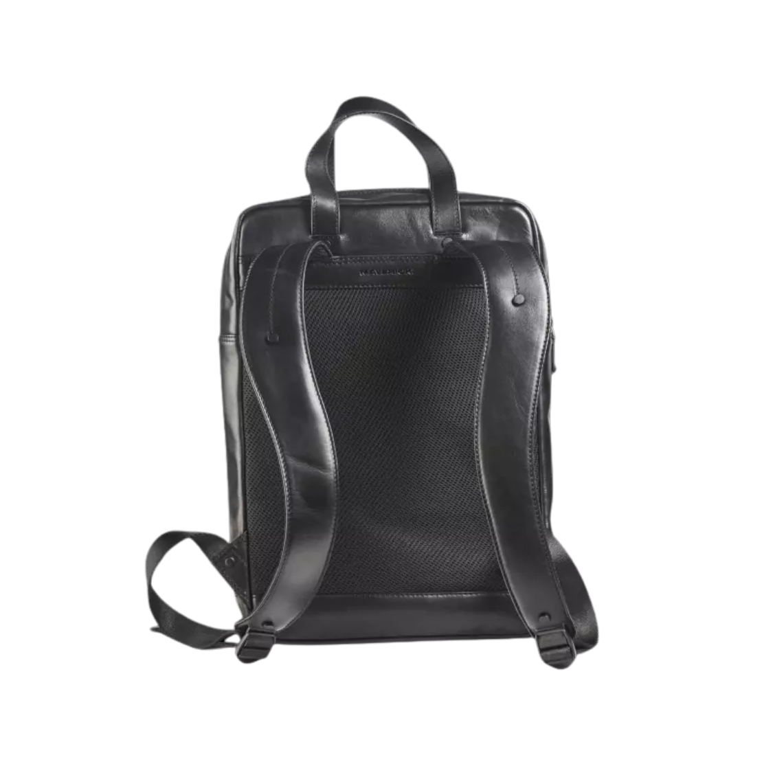 Rückansicht des Maverick Leder Rucksacks mit verstellbaren Trägern und zusätzlichem Regenüberzug.