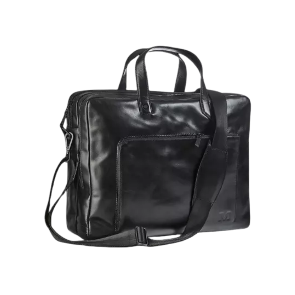 Maverick All Black leather business bag with 15.6” laptop compartment and external document pocket.