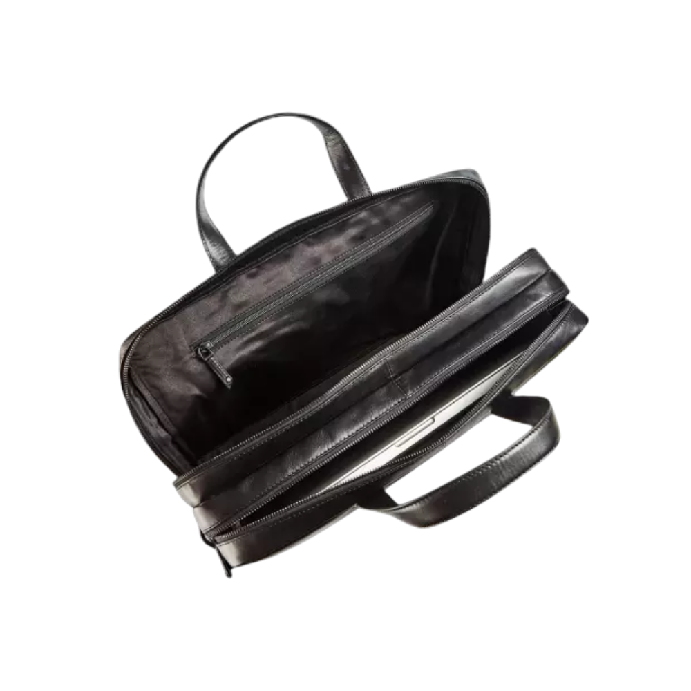 Sleek black Maverick leather business bag with multiple compartments, perfect for work essentials.