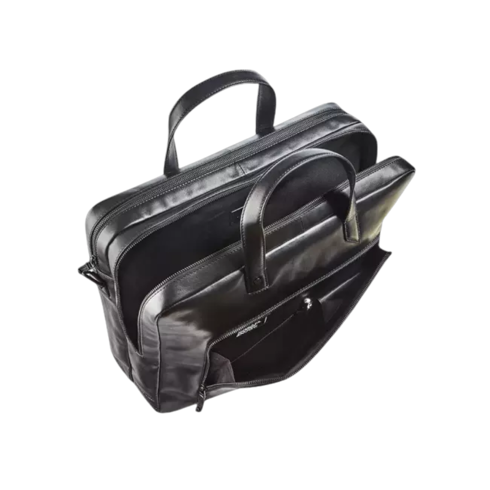 Stylish Maverick All Black leather laptop bag with dual handles and organizational pockets for business use.