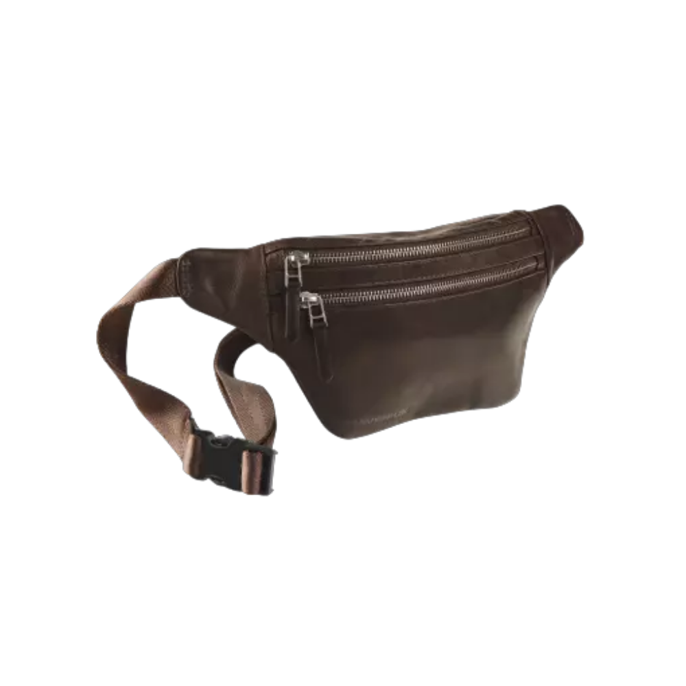 Maverick brown leather bum bag with dual zippers and adjustable strap for easy wear.
