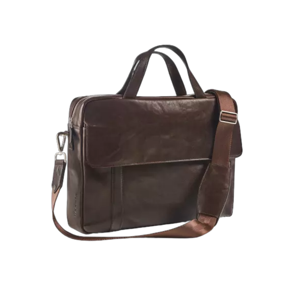 Maverick brown leather business bag with laptop pocket, external compartments, and removable shoulder strap.