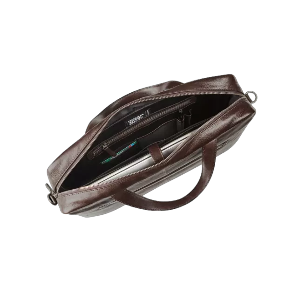 Stylish Maverick brown leather business bag with 15.6” laptop compartment and internal organizer.