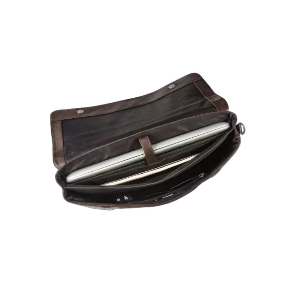 Stylish Maverick brown leather messenger bag with practical compartments, tablet pocket, and adjustable shoulder strap.