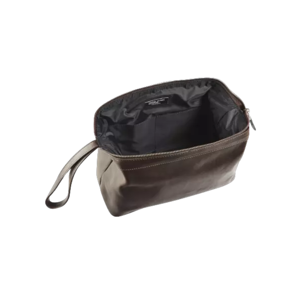 Compact Maverick brown leather toiletry bag with stylish finish and functional compartments.