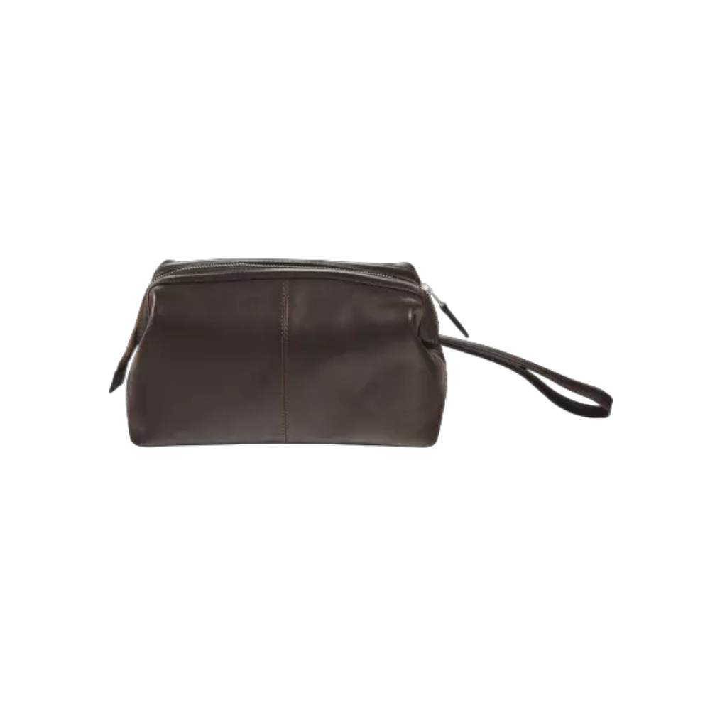 Maverick brown leather oval toilet bag with practical loop and water-resistant interior.
