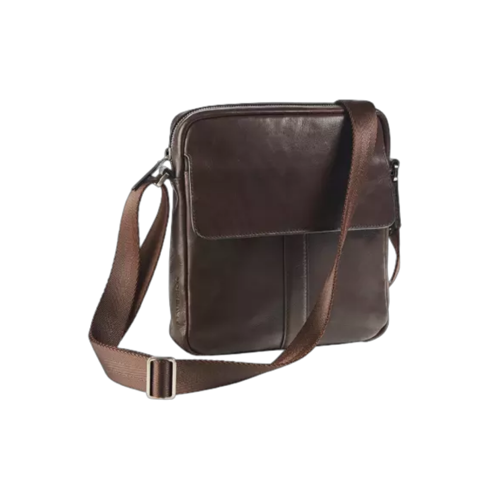 Maverick brown leather shoulder bag with adjustable strap and sleek, compact design.