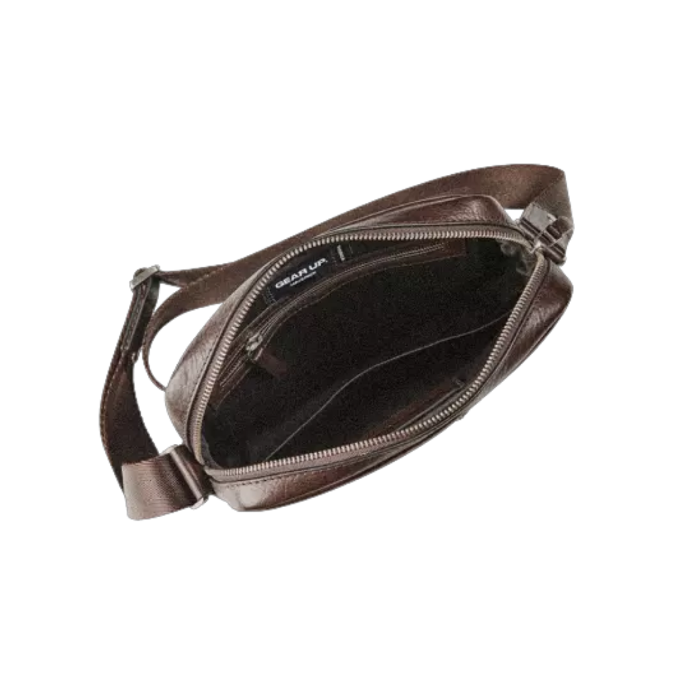 Stylish Maverick brown leather shoulder bag with multiple compartments and zipper closure.