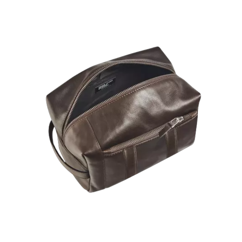 Stylish Maverick brown leather toiletry bag with water-resistant inner lining and zipper closure.