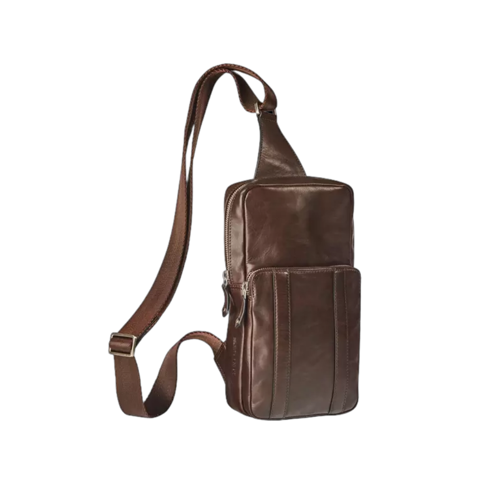 Maverick brown leather crossbody bag with adjustable shoulder strap and multiple compartments.