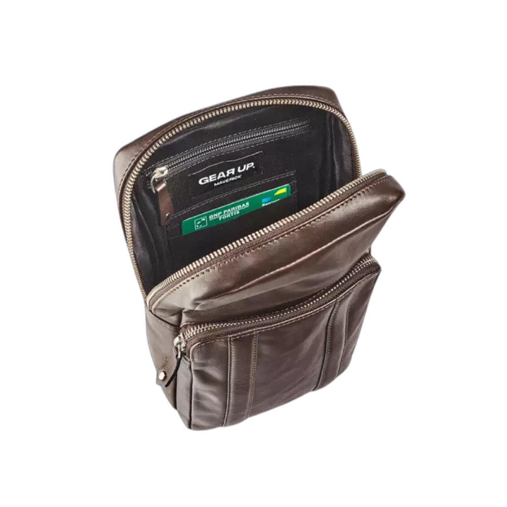 Stylish Maverick brown leather crossbody bag featuring an internal organizer and secure zipper closure.