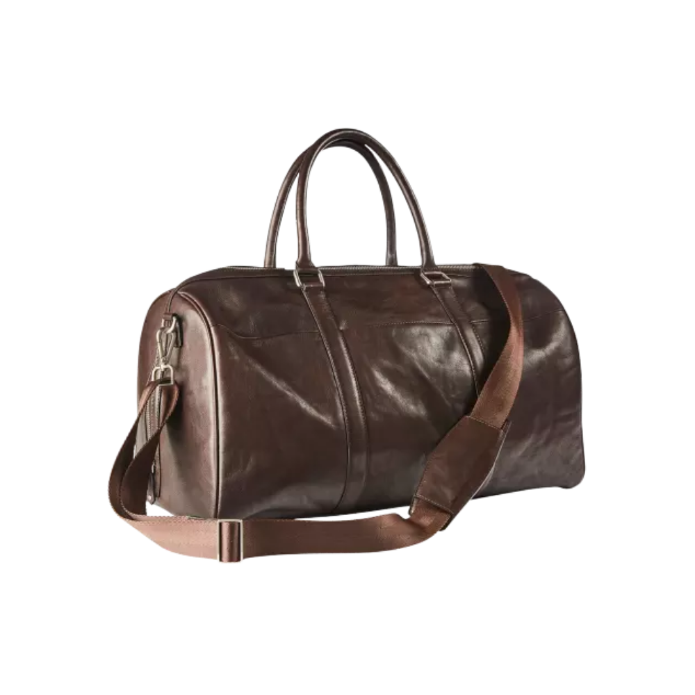 Stylish Maverick brown leather weekend bag with zipper compartment, internal organizer, and trolley strap.