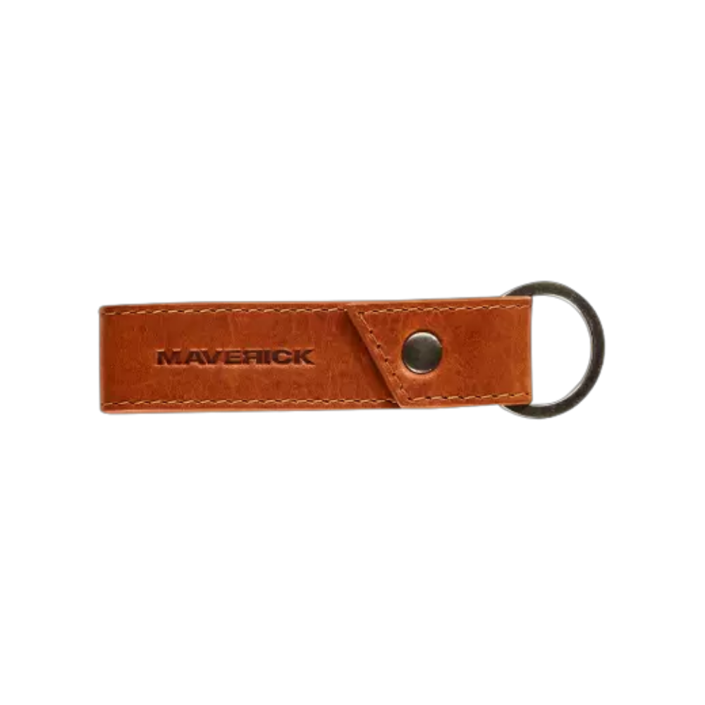Maverick New Men leather key ring in cognac with embossed logo and metal ring.