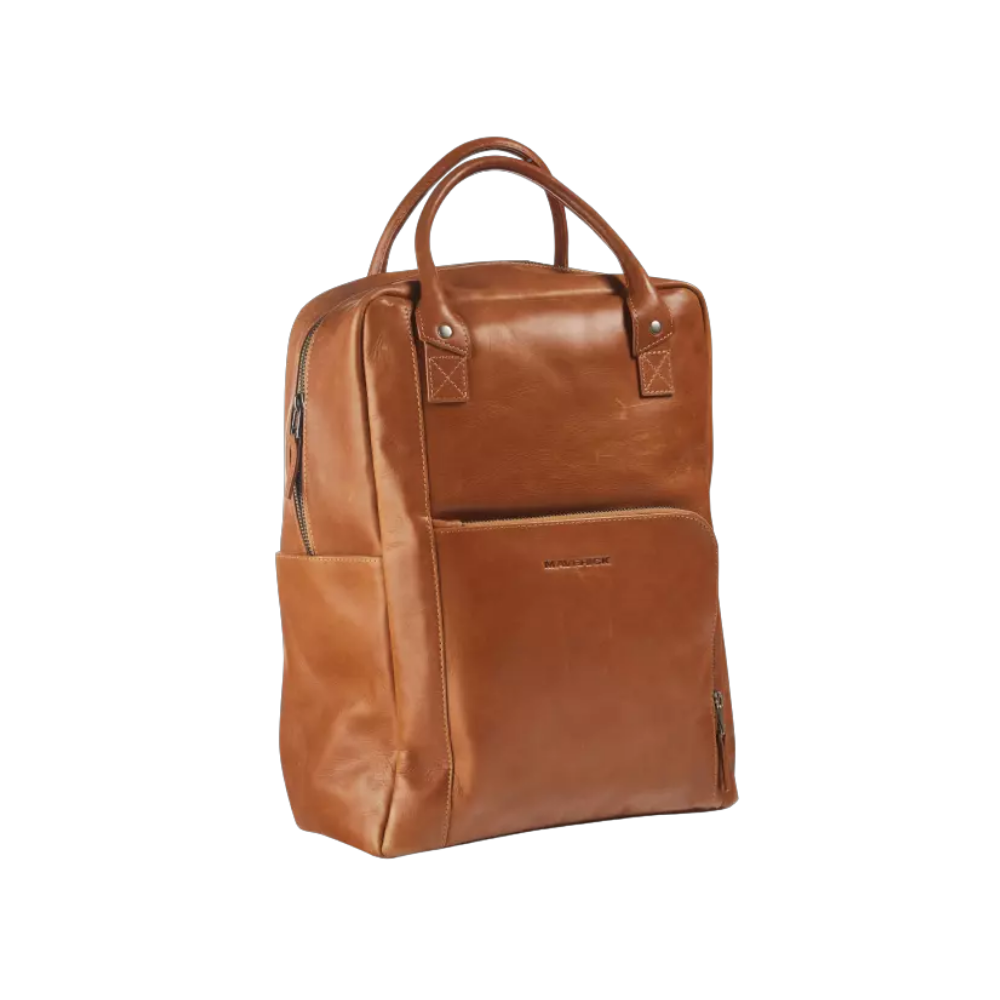 Maverick New Men Leather Backpack in cognac with front pocket and top handle.