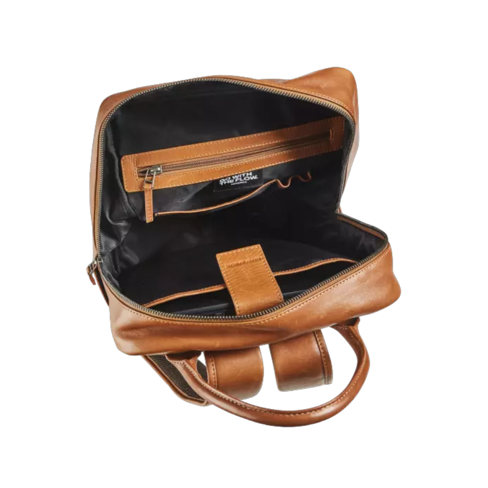 Open view of Maverick New Men Leather Backpack showing the internal compartments.