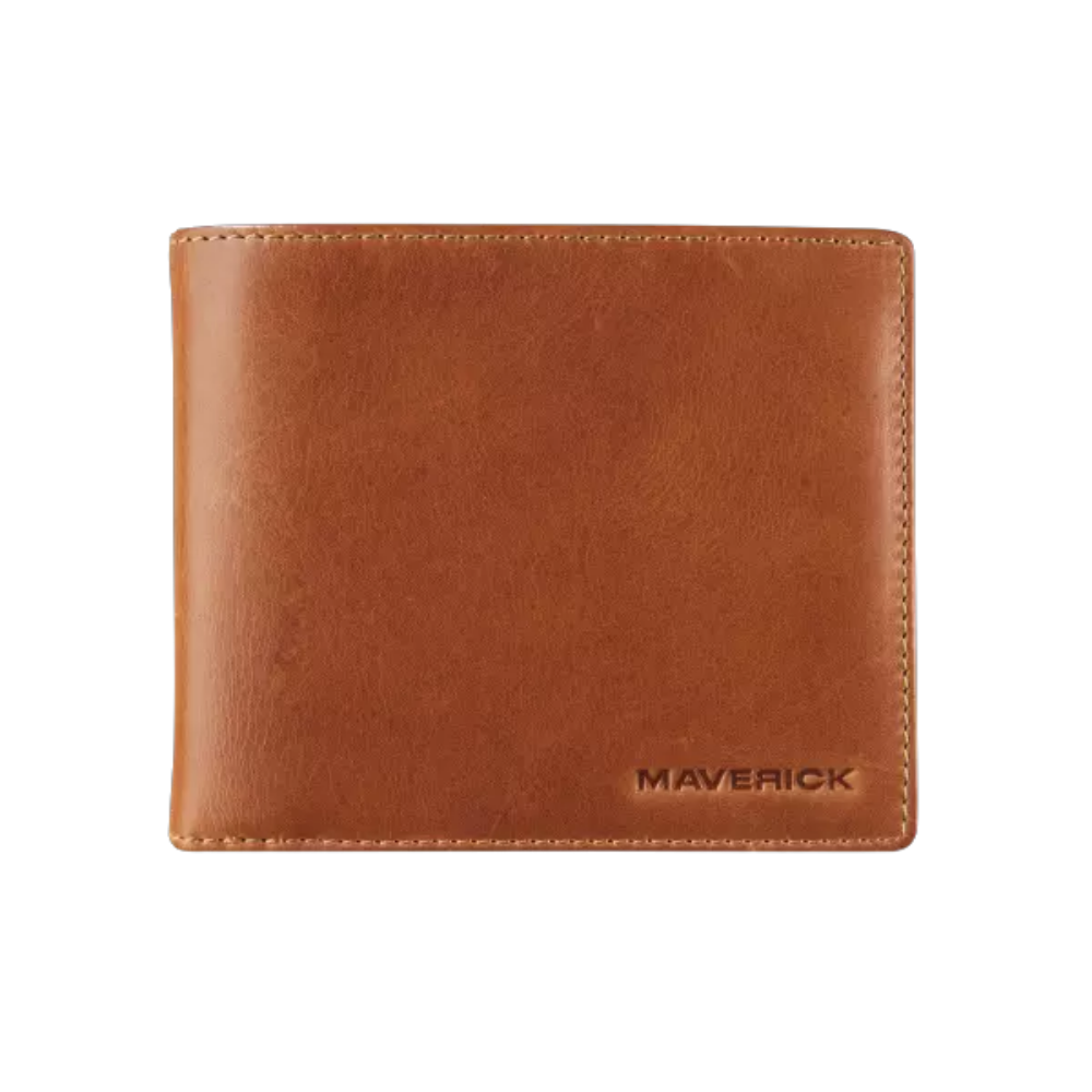 Maverick cognac leather RFID billfold wallet with 10 card slots, removable cardholder, and coin compartment.