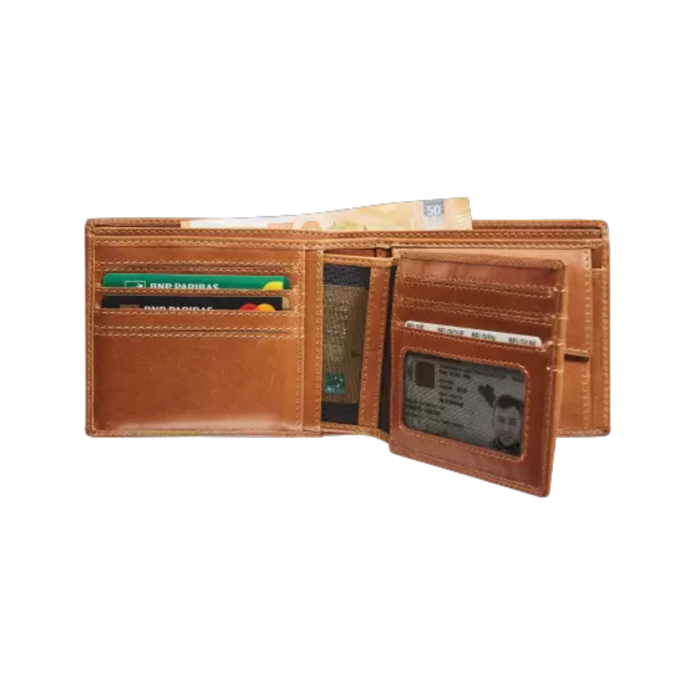 Maverick cognac leather wallet with RFID protection, featuring 2 bill compartments and a coin pocket.