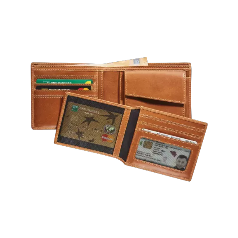 Stylish Maverick leather billfold wallet in cognac with 10 credit card slots and RFID blocking technology.