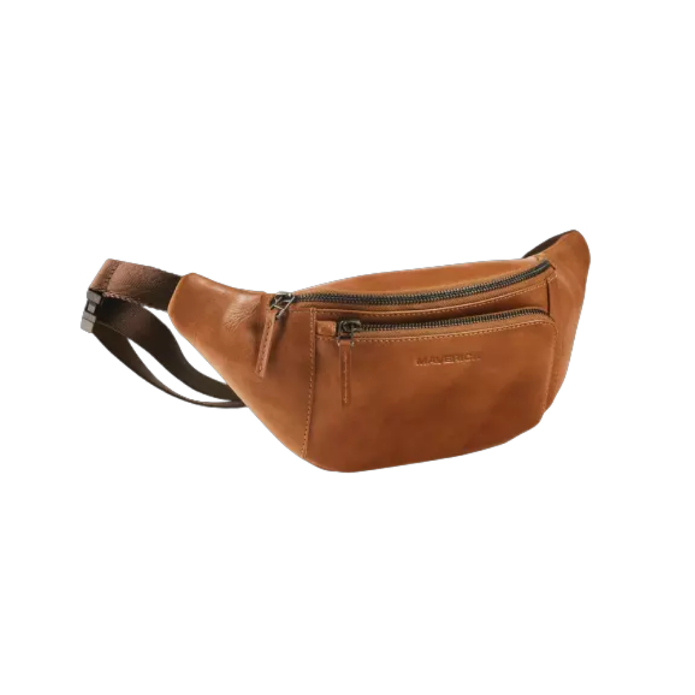 Maverick New Men Leather Bum Bag in cognac with adjustable strap and front zipper pocket.