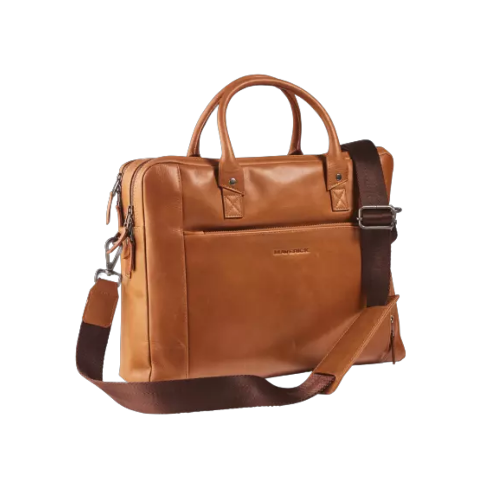 Maverick New Men Leather Business Bag in cognac with handles and shoulder strap.