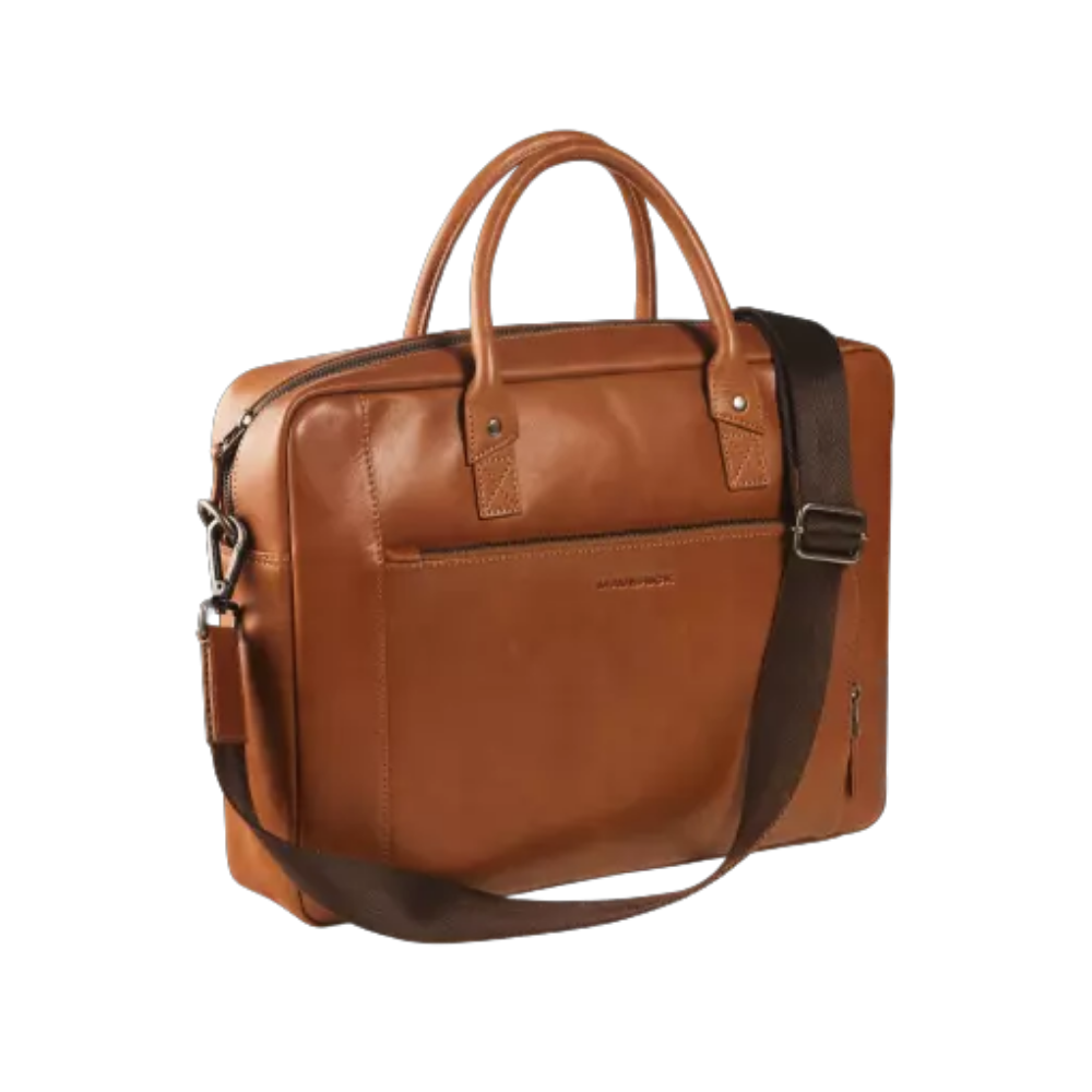 Maverick New Men Leather Business Bag in cognac with handles and shoulder strap.