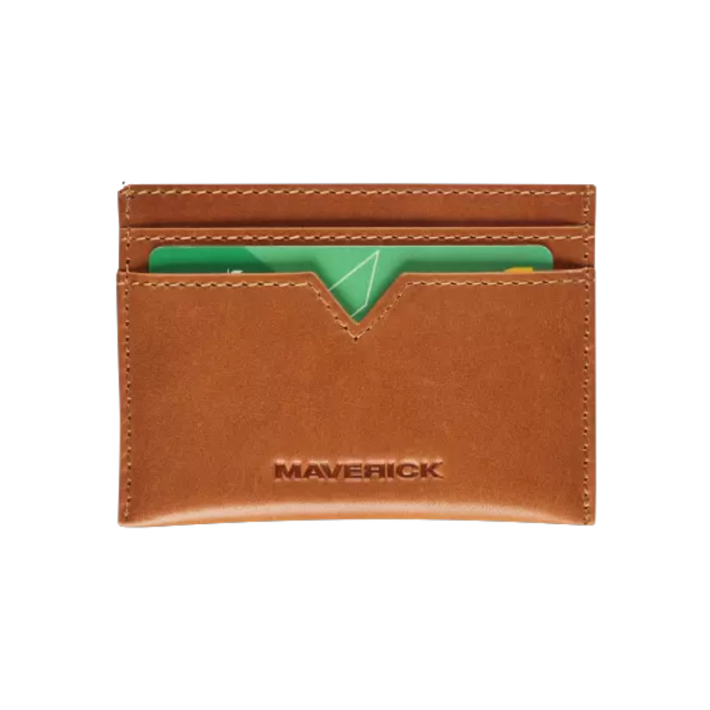 Maverick New Men Leather RFID card holder in cognac with green card inserted.