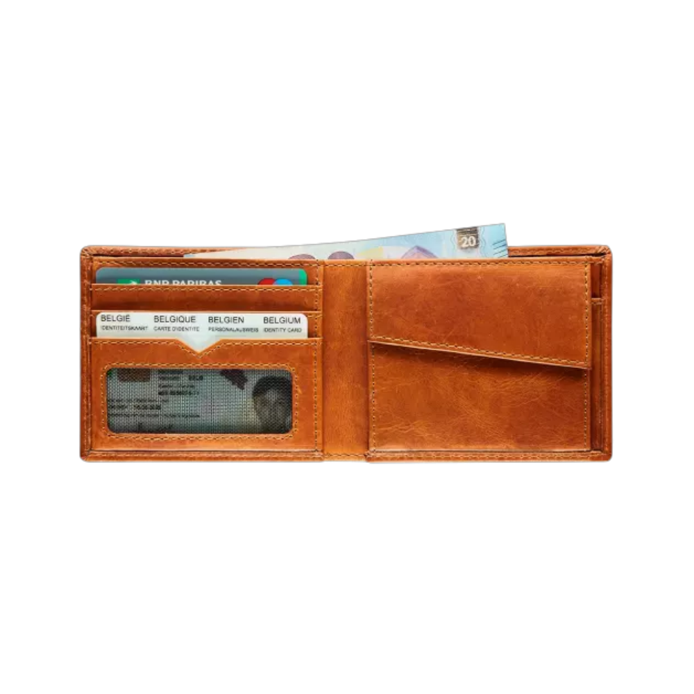 Stylish Maverick leather wallet in cognac color, featuring 3 card slots, 2 banknote sections, and a coin pocket.