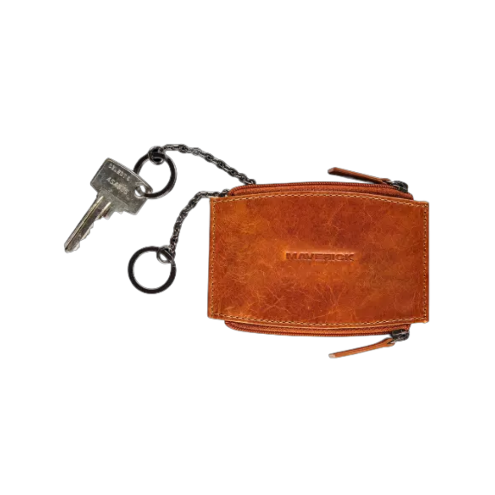 Compact Maverick cognac leather coin purse with 2 zipped compartments and 3 key rings for added functionality.