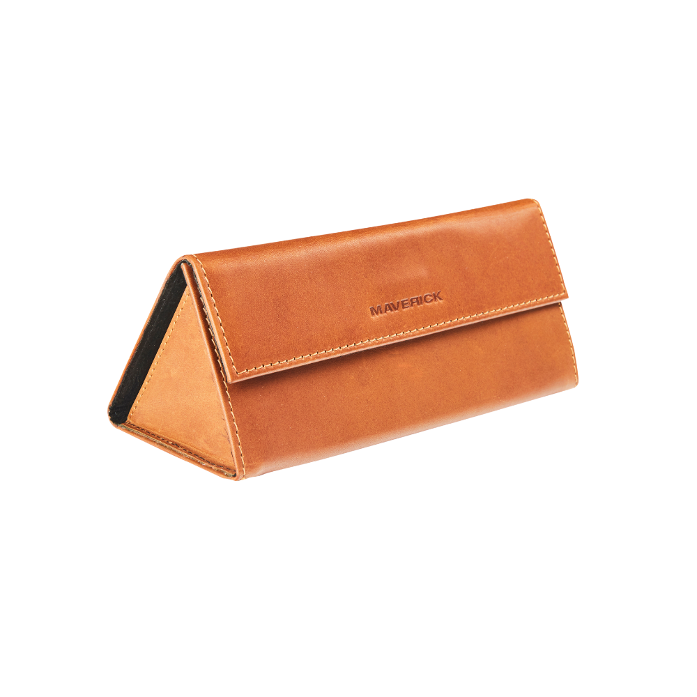 Maverick New Men leather foldable eyeglasses case in cognac, closed.