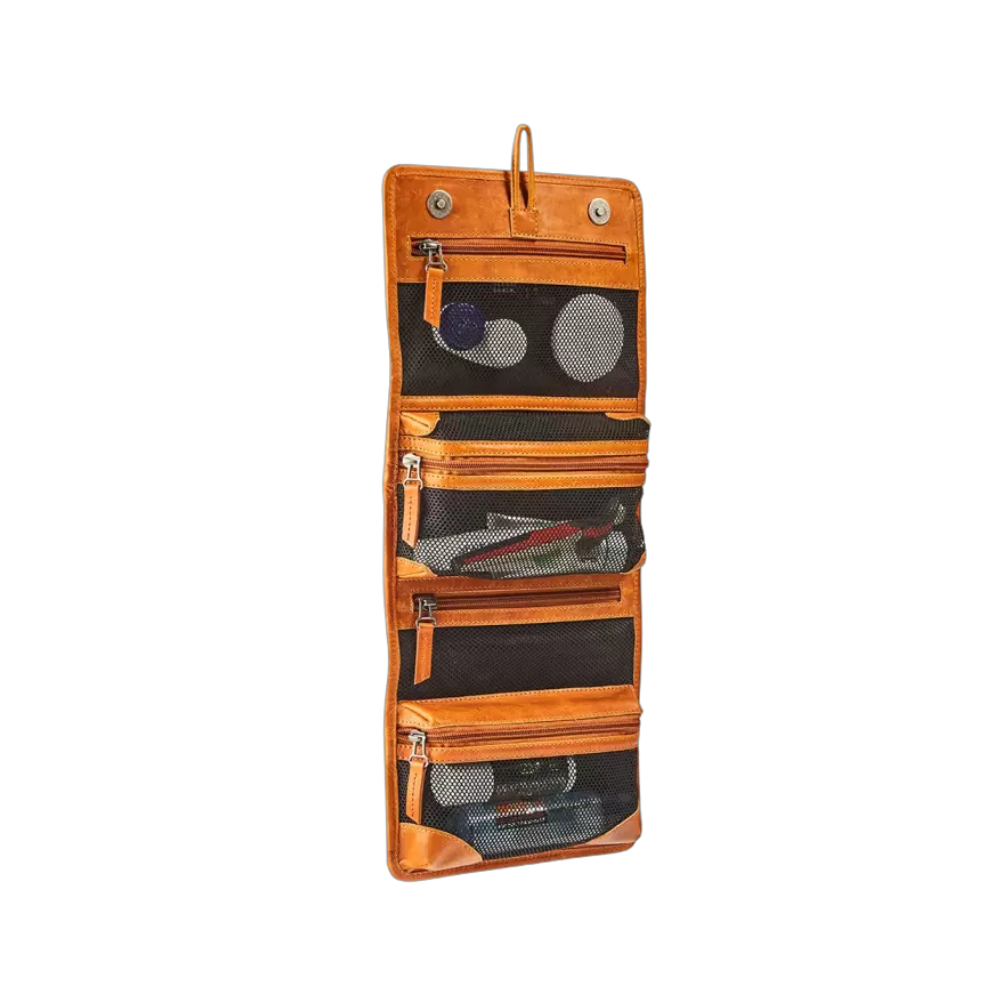 Interior view of Maverick New Men Leather Hangable Toilet Tasche showing the compartments.