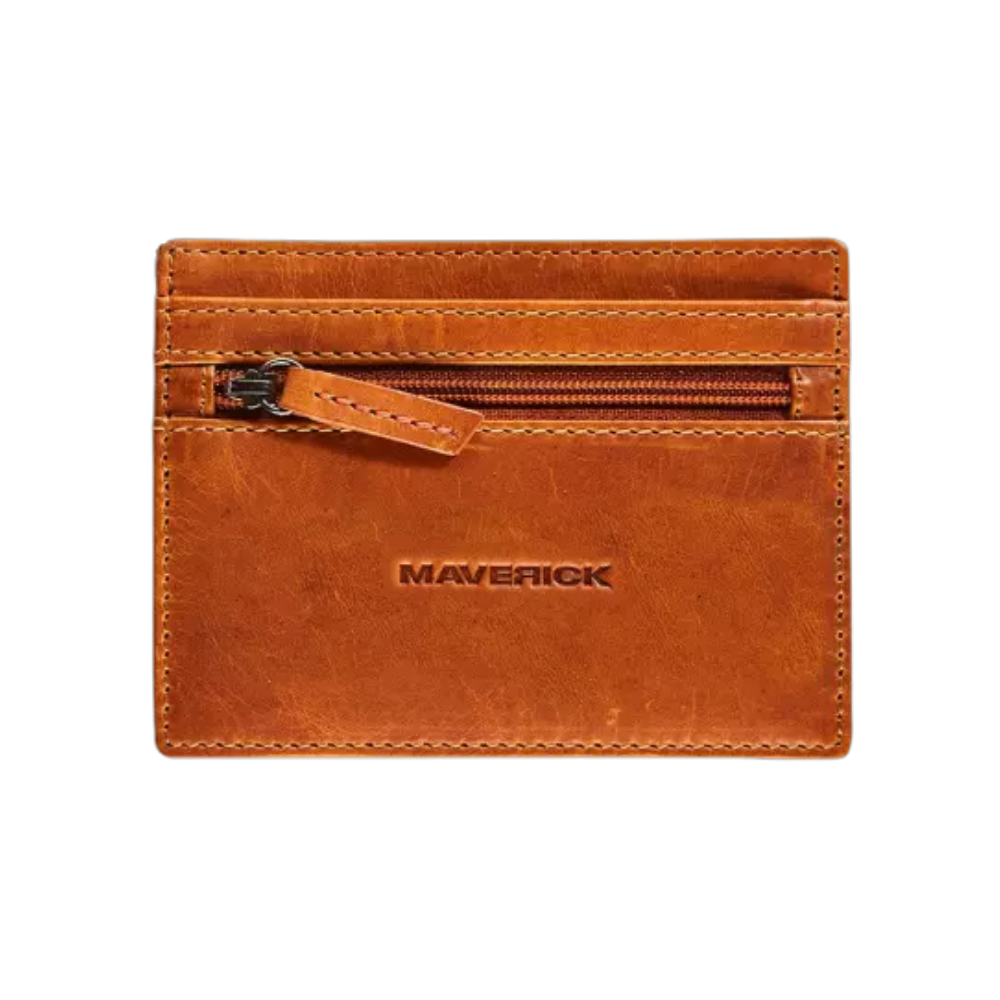 Compact Maverick cognac leather cardholder with RFID blocking, featuring a zippered compartment and card slots.