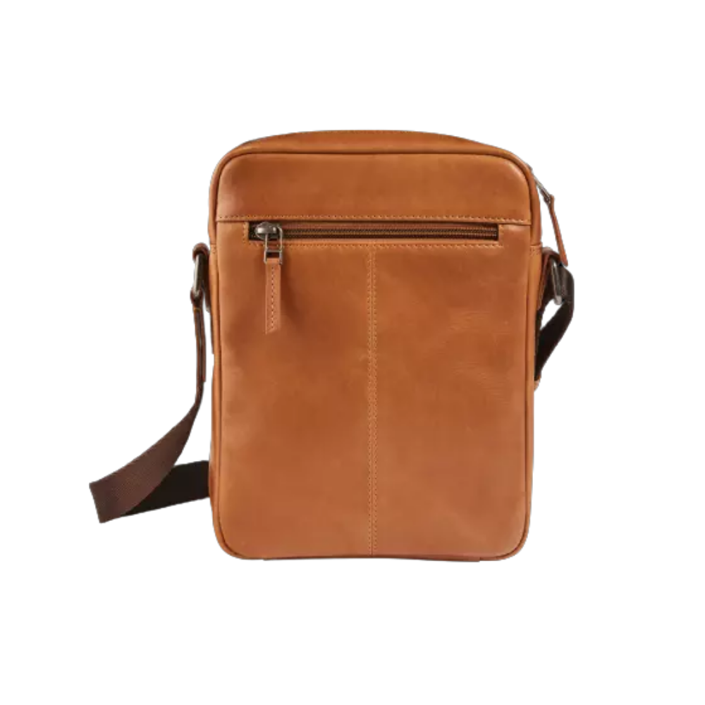 Maverick New Men Leather Shoulder Bag in cognac with front zipper pocket and adjustable strap.