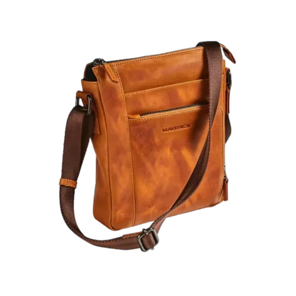 Maverick New Men Leather Shoulderbag Small in cognac with adjustable strap and front pocket.