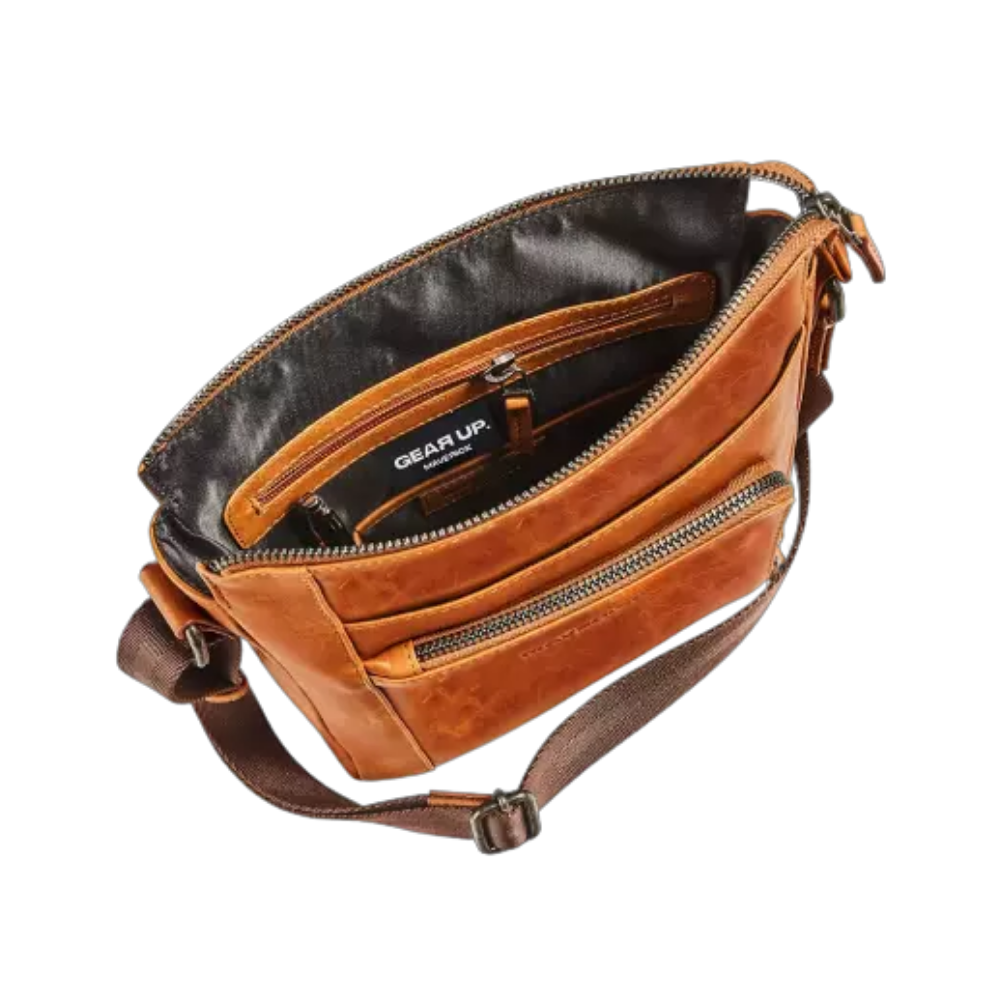 Interior view of Maverick New Men Leather Shoulderbag Small showing the compartments and internal organizer.